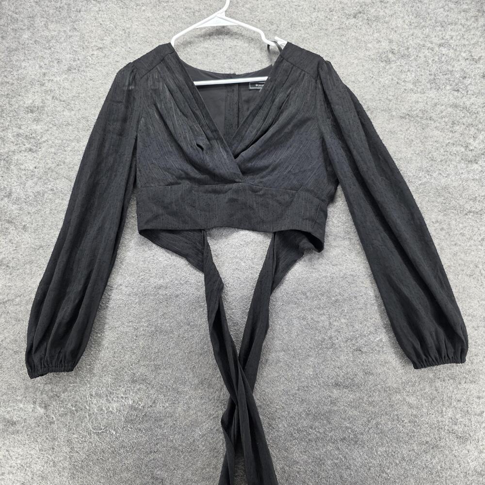 BCBGMAXAZRIA Blouse Womens XS Black Wrap Tie Front Cropped Top Balloon Sleeve